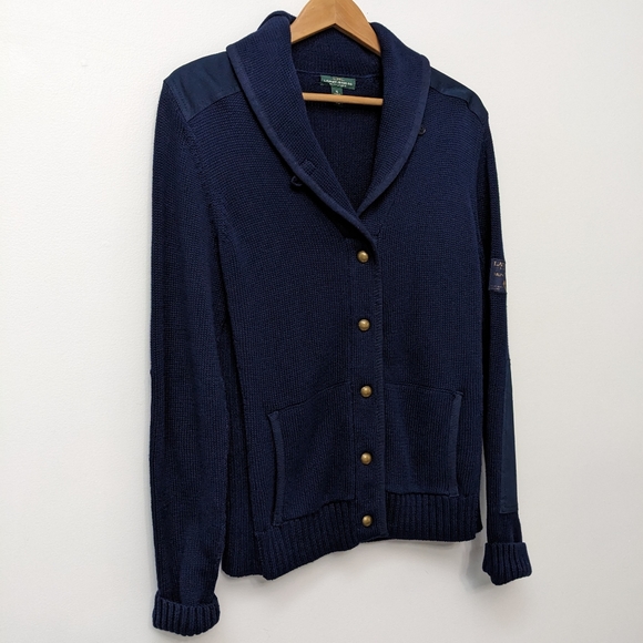 Lauren Ralph Lauren Navy Shawl Collar Elbow Shoulder Patch Gold Button Cardigan - Picture 2 of 13